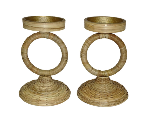 S/2 Rattan Ring Pillar Candlesticks