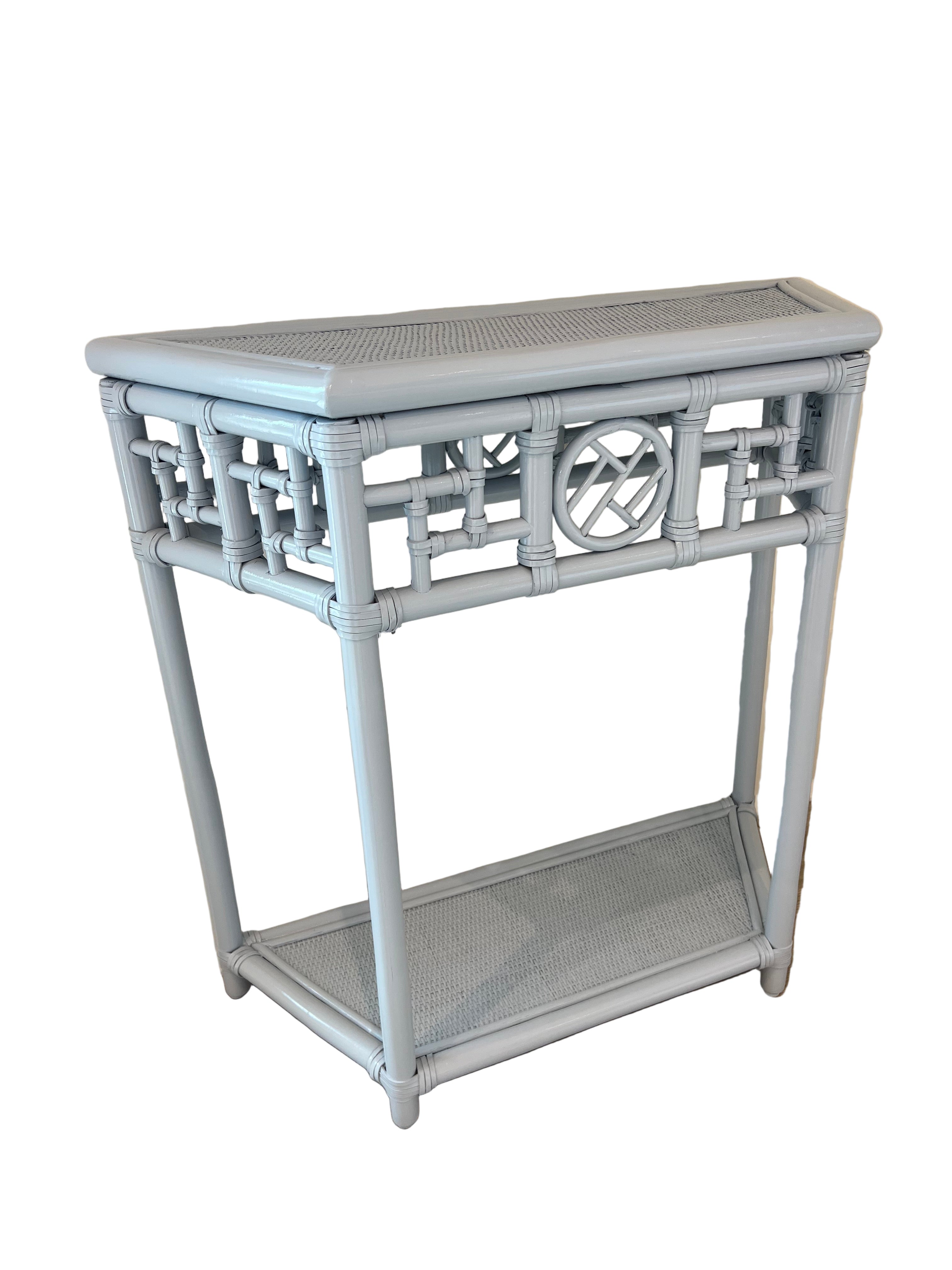 Custom Painted Rattan Demilune Table