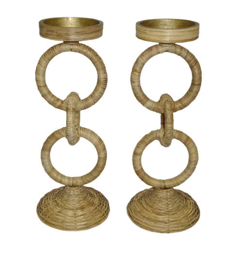 S/2 Rattan Ring Pillar Candlesticks